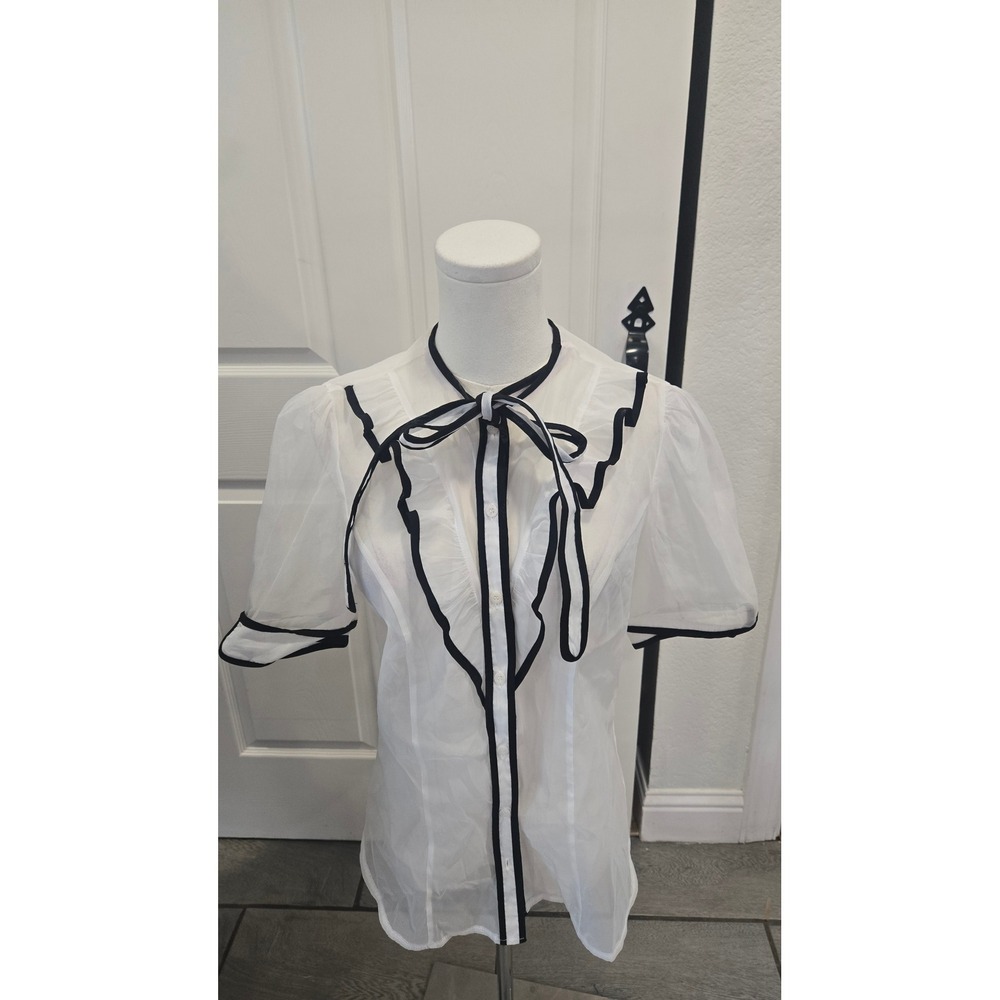 Hauye Monde White Sheer Organza w bow Blouse Black Contrast Trim Puff Sleeve Top